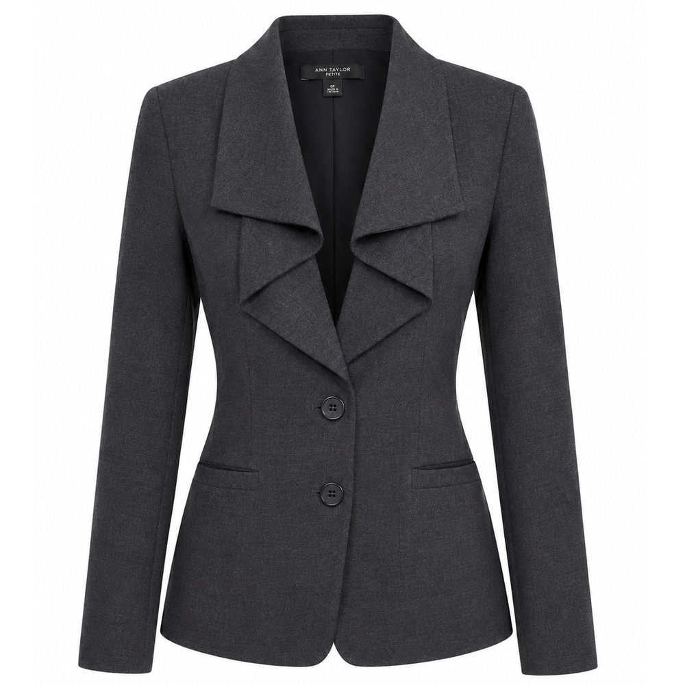 Ann Taylor Tiered Ruffle Lapel Tailored Blazer Charcoal Gray Sz 10P